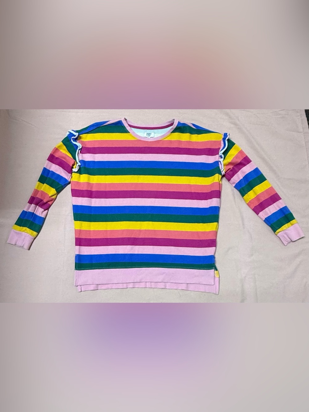 Crown & Ivy Girls Rainbow Stripe Ruffle Sleeve Sweater Size L